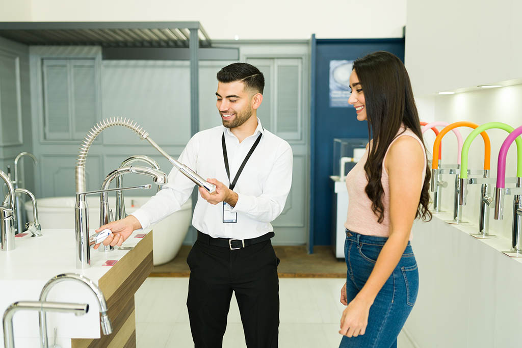 Cheerful customer buying a new water tap